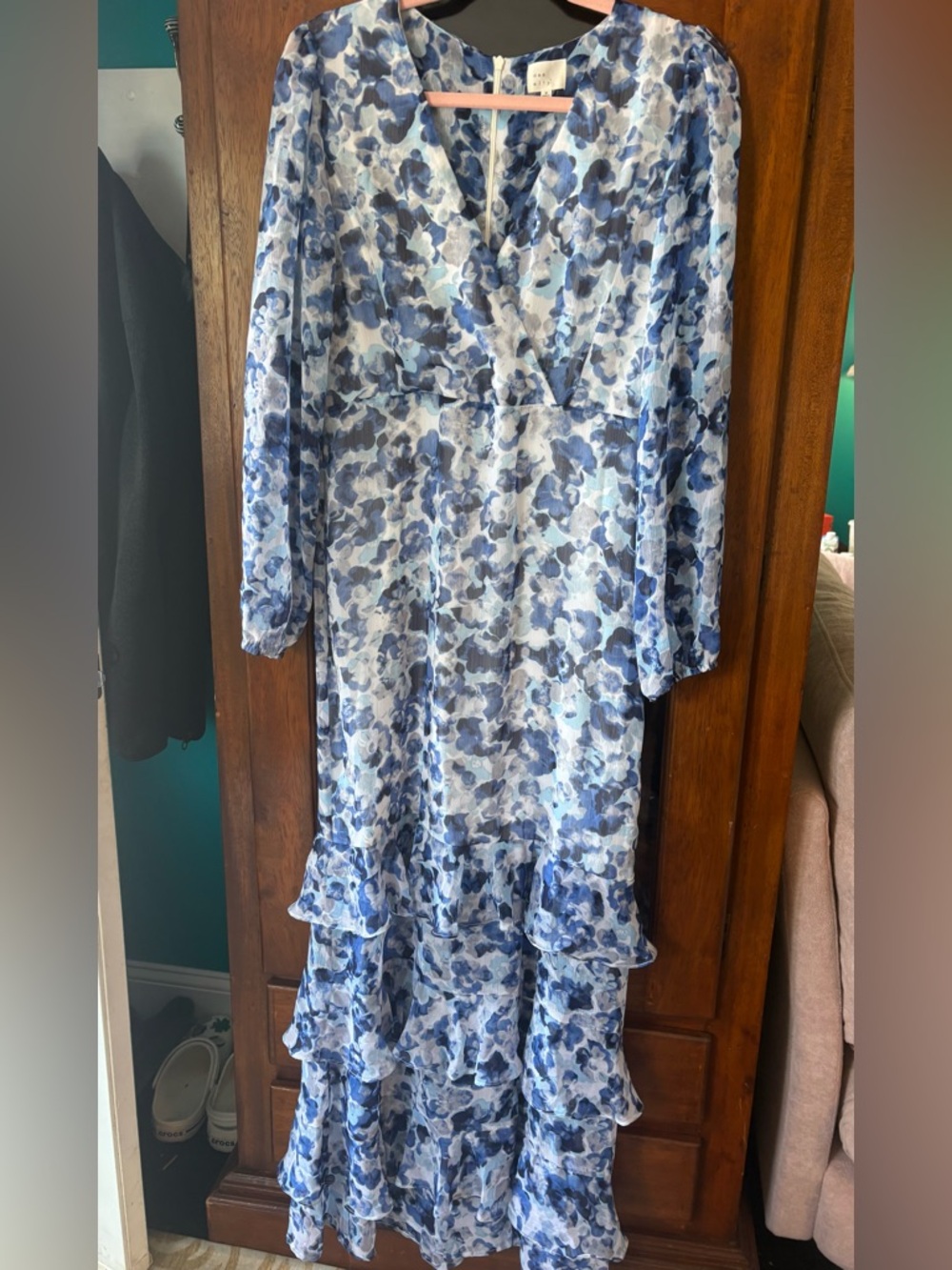 Blue Floral Long Sleeve Ruffled Maxi Dress
